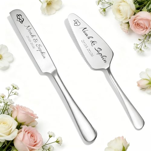 WBW Set de Cuchillo y Pala para Pastel de Boda Personalizado con Grabado, Juego para Cortar Tarta, para Bodas, Compromisos, Aniversarios y Cumpleaños (Cuchillo y tenedor de plata para pastel)