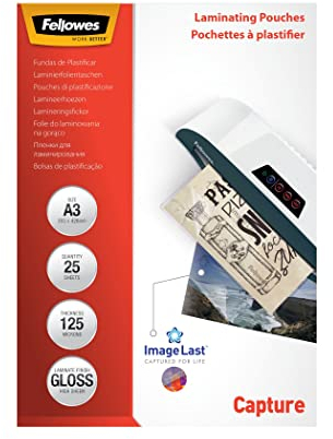 Fellowes Laminierfolien A3 ImageLast, 125 Mikron (2 x 125 Mikron), 25 Stück, transparent mit Ausrichtungshilfe. Ideal für Fotos und Informationshinweise mit optimalem Kontrast