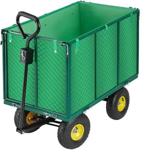 TecTake® Carretto a mano con Maniglia Imbottita, Carrello con Ruote Portatutto, Pareti Laterali ad Apertura Rapida, Gancio Traino, Telo Interno Incluso, Portata 544 Kg - Verde