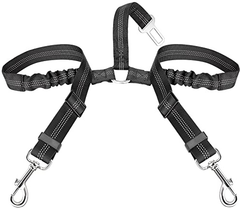 Lukovee Double Car Seatbelt, Reflective dog seat belts for cars Adjustable Elastic Anti-Shock Bungee Buffer 2 Dogs Car Harness Seatbelts Coupler, Puppy Cars Restraint Safety Travel Belts Splitter