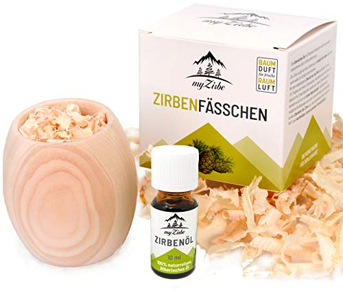 Zirbenfässchen - Duftset mit Zirbenspänen und Zirbenöl Zirbenholz in Geschenkverpackung die Alternative zum Zirbenwürfel