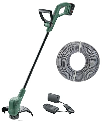 Bosch Cortabordes con batería EasyGrassCut 18-230 (1 batería 2.0 Ah, Sistema de 18 V, diámetro de Corte de 23 cm, en Caja) + Bosch Home and Garden F016800462 Recarga de Hilo, Verde, 24 m x 1.6 mm