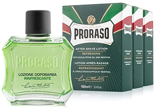 Proraso Lot de 3 lotions après-rasage rafraîchissantes, 3 x 100 ml, Soin du visage pour homme à l'huile d'eucalyptus et au menthol, Fabriqué en Italie