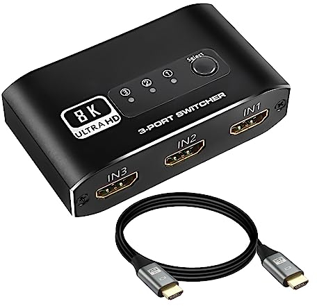 XMSJSIY Interruttore HDMI 3 in 1, selettore splitter HDMI 2.1 con cavo HDMI, 3 porte, selettore HDMI Switcher supporta 4K 120Hz 8K 60Hz 48Gbps per HDTV, PS5, Xbox DVD, proiettore