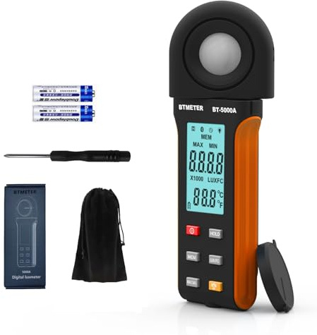 BTMETER BT-5000A, medidor de luz digital, medidor de luz de intensidad de nivel de iluminación, 0.1 ~ 400.000 Lux(0.1 ~ 40.000 FC), luxómetro de pie con registro de datos para acuario de cultivo de