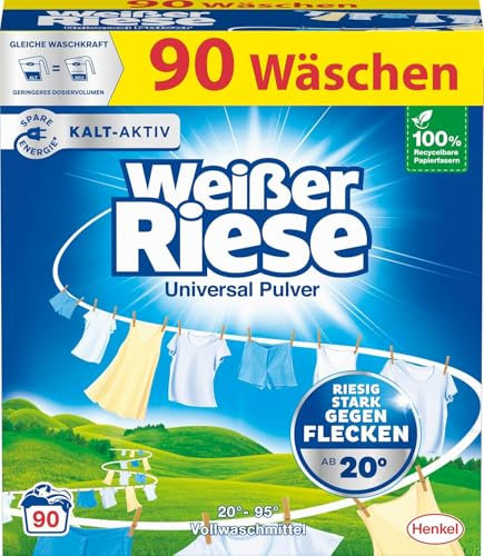 Weißer Riese Universal Pulver (90 Waschladungen), Vollwaschmittel wirkt riesig stark gegen Flecken, Kalt-Aktiv schon ab 20° C, ergiebiges Waschpulver, ideal für Familien mit Kindern