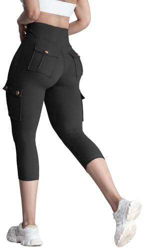 Nuofengkudu Cropped Leggings for Women UK High Waisted Cargo Pockets Tummy Control Walking Ladies Cut off Legging 3 Quarter Length Tights Joggers Soft Capri Crop Pants Sports Gym Black M