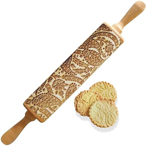 yufana 3D Holz Nudelholz, Teigroller, Holz Nudelholz, Präge Nudelholz mit Kugellager, Festival Kekse Dekoration, DIY Backzubehör, für Fondant, Teig Pizza, Keks (35CM * 4.5 CM)