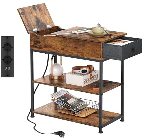 WLIVE Beistelltisch Schmal, 3 Ablagen Nachttisch mit Ladestation und Ablagefläche, Flip-Top Sofatisch für Wohnzimmer Schlafzimmer, küche, Retro Braun