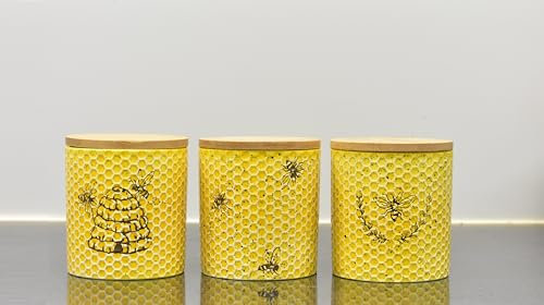 Biznest Set Of 3 Yellow Canister With Bee Print For Kitchen Counter Ceramic With Airtight Seal Wooden Lid Perfect For Coffee Tea Sugar Flour Salt