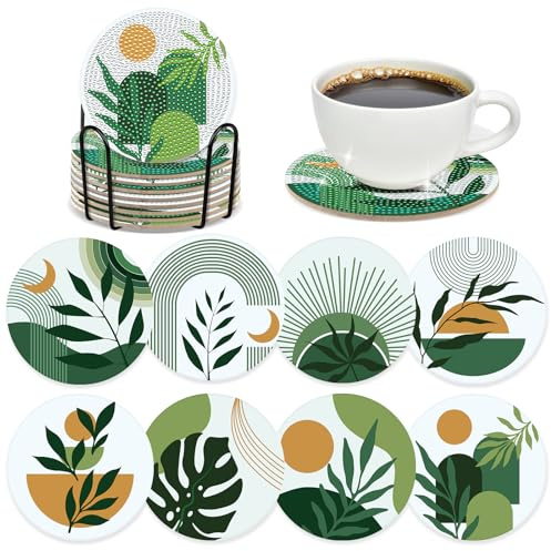 INCOK Boho Diamond Art Coasters - 8 Pcs DIY Green Plant Diamond Painting Coasters Kits with Holder for Drinks Coffee Aesthetic Gem Art Crafts Supplies Birthday Easter Gift for Beginners Adults