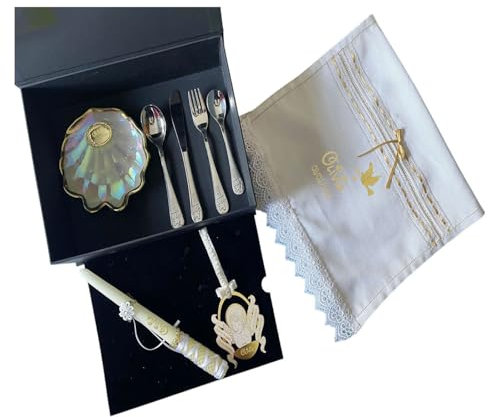 Set de Bautizo de Lujo, Cofre con Concha Dorada o Plata, Juego de Cubiertos, Medallón de Nacimiento y Toalla con Encaje, 5 Piezas Personalizado (Concha Filo y Trasera Dorada)