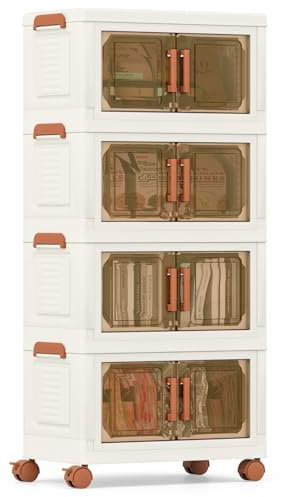 COSTWAY Contenitori Pieghevoli con Coperchio, Set da 4/3 Scatole di Plastica Impilabili con Ruote, per Organizzatore di Armadio con Porte a Apertura Frontale, Multiuso (43,5 x 25 x 94 cm)