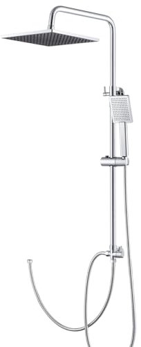 DERW Regendusche ohne Armatur, Duschgarnitur mit Regendusche Quadratischer Duschkopf 25cmx25cm, Regenwalddusche Höhenverstellbar Duschstange von 65-109cm (Chrom)