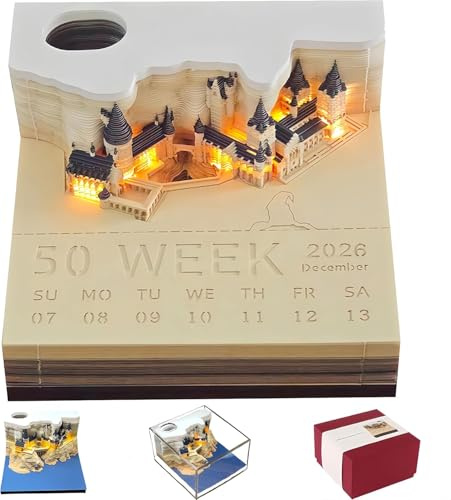 KBIBCK Time Piece Calendar 2026, 3D Desk Calendar 2026,Magic Castle Weekly Calendars with LED Lights,Tear-Away 3D Paper Art Notepad, 3D Calendar Paper, DIY Decoration Gift for Christmas, Housewarming