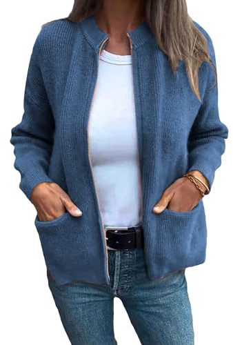 Damen Strickjacke mit Reißverschluss, Stehkragen, leicht, lässig, Durchgehender Reißverschluss, Sweatshirts mit Taschen, lässiger