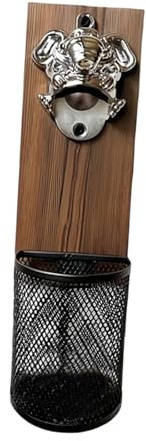 Fenteer Abrebotellas de Pared Abridor de Botellas Recogedor de Tapas Utensilio de Cocina para Nevera Funcionalidad Creativa Hecho de Aleación de Zinc Y Madera, Cabeza de Elefante Plateada, Individual