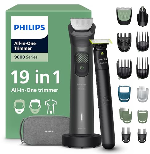 Philips Multigroom série 9000 Tondeuse tout-en-un 19 accessoires + rasoir OneBlade pour hommes – ensemble tondeuse/rasoir pour barbe, cheveux et corps, 27 hauteurs de coupe (0,2-20 mm), MG9556/15
