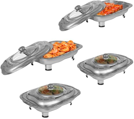 Lidded Insulated Food Tray, Stainless Steel Food Warmer Tray, Buffet Food Tray, Set of Four, Weight Capacity 4 kg, Suitable for Serving Meat, Vegetables, Seafood and Other Dishes