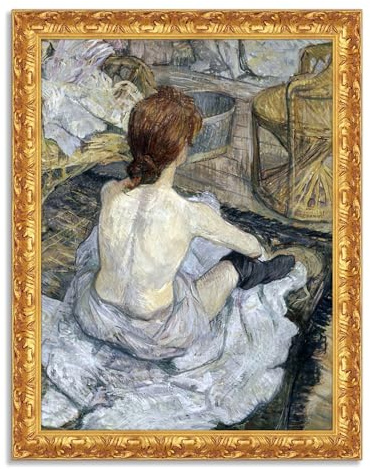 LuxHomeDecor Henri de Toulouse-Lautrec - Quadro Stampa su Tela Effetto Dipinto - Donna che si Sistema le Calze - con Cornice in Legno Oro Classico - 50x40 cm