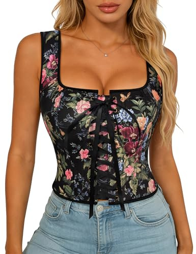 Scarlet Darkness Renaissance Corset Top for Women Boned Lace-up Overbust Bustier Corsets Black Multi Floral Size 12