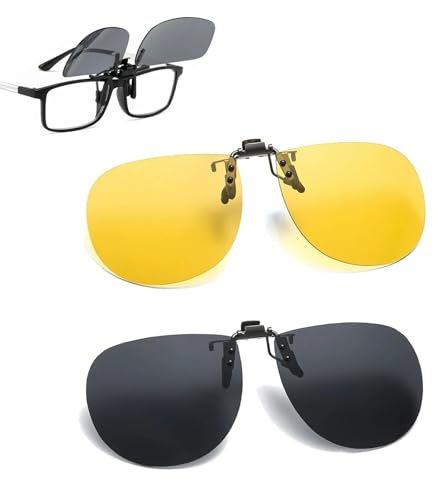 Gykutix 2 Pezzi Clip Occhiali da Sole Uomo Donna Flip up Occhiali Polarizzati Antiriflesso Guida Notturna Senza Montatura Clip Polarizzata Lente per Sport Viaggi Pesca (Giallo, Nero)