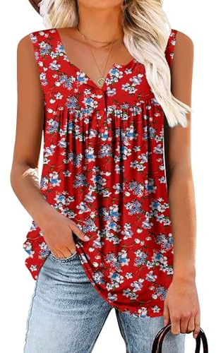 KISSMODA Womens Summer Tops V Neck Short Sleeve 2023 Casual Shirt Hide Belly Loose Flowy Tunic Blouse RedWBlue Medium