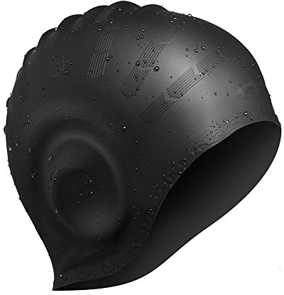 Avril Tian Badekappe, Silikon Unisex Badehut Langhaarhut mit Ohrenschutz für Damen und Herren für den Wassersport, Schwarz