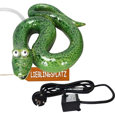 Wasserspeier Schlange mit Pumpe - aus Keramik in grün für Balkon Terrasse und Miniteich - Teichdeko