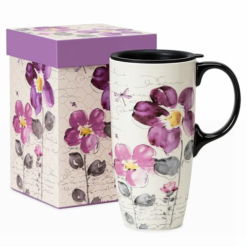 DUSVALLY Ceramic Travel Mug with Lid, 500ml (17oz) Purple Floral Travel Coffee Mug with Handle, Dragonfly Design, Microwave & Dishwasher Safe, Gift Box Included