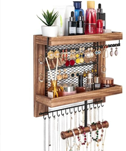 Pinzoveco Hanging Jewelry Organizer Wall Mounted With Wall Jewelry Organizer Holder For Necklaces Bracelet Earrings Ring (Rustic Wood)
