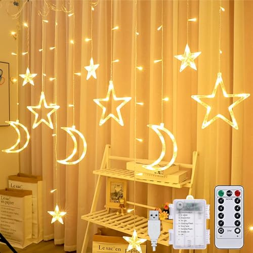 YeahBoom 3,5 m stjärn- och månljus, 8 lägen fönstergardinsljus, Ramadan-dekoration med 138 LED-lampor, USB-lampor, vattentäta dekorationsslingor, batteridriven, ljusgardin, stjärnor, måne, varm vit