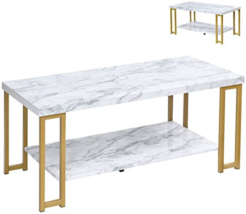 Multigot 2-Tier Coffee Table, Marble Effect Tea Center Table with Open Shelf, Modern Rectangular Side End Table for Living Room, Bedroom and Office