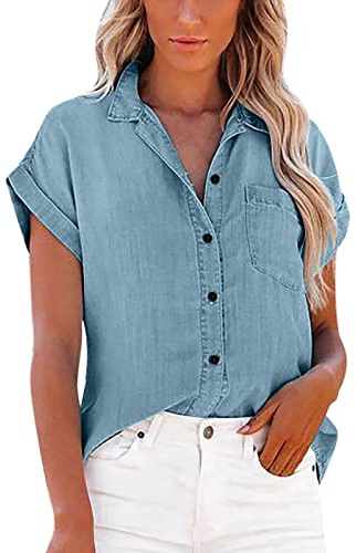 Womens Short Sleeve Denim Shirts with Pockets Button Down Chambray Jean Western Shirts Summer Loose Casual Solid Collared Tops Blouse Light Blue