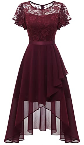 Wedtrend Aftonklänning dam, elegant cocktailklänning, hög lågbalklänningar med spetsar, A-linje, för bröllop, kort klänning, festlig dam, A-linje, mullvadsklänning, Burgund, XS