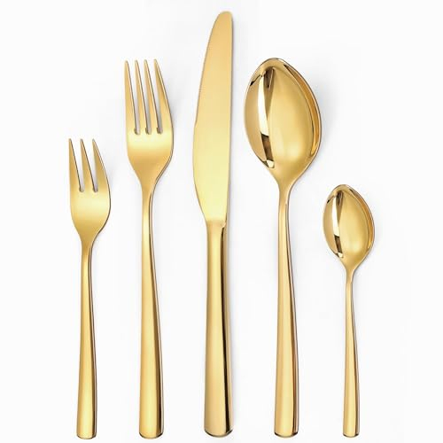 LAZAHOME Goldenes Besteck Set 6 Personen, 30 teilig Besteck Set Gold aus Edelstahl, Glänzendes Goldenes Besteckset mit Messern, Gabeln und Löffeln, hochglanzpoliert und spülmaschinenfest