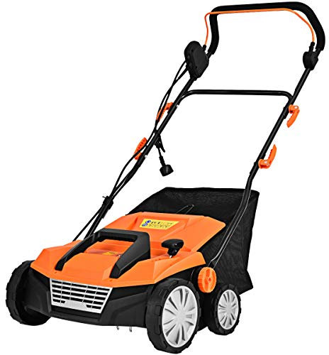 GOPLUS Escarificador Eléctrico 2 en 1, con Bolsa de Recogida de 30L/45L, Aireador de Césped con Altura Ajustable en 4 Niveles, 2 Cuchillas Extraíbles y Asa Plegable (45L,Naranja)