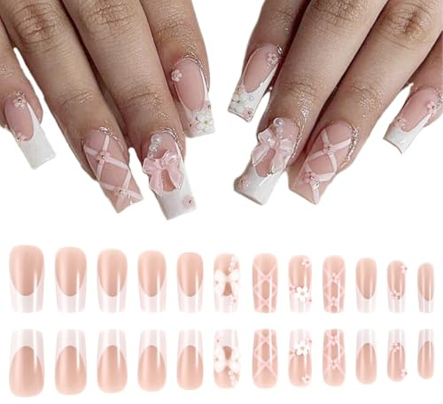 EYVRPAU Lot de 24 faux ongles à coller,quadratiques,brillants,avec strass,motif fleur 3D,Faux ongles carré,faux ongles main (moyenne longueur) (rose)