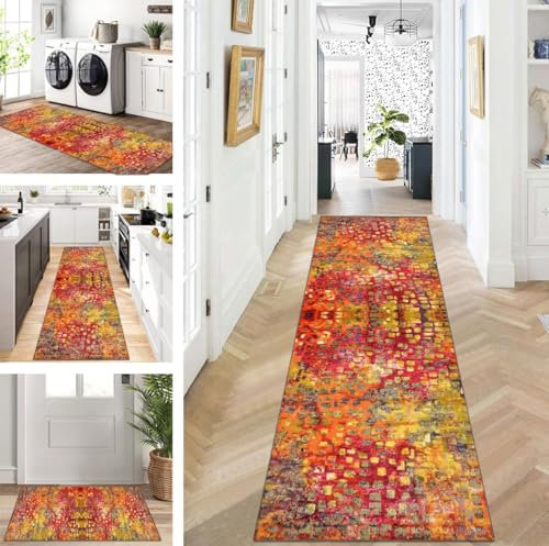 ZUZEKU Teppich Läufer Lang Flur Küche rutschfest waschbar Teppichmatten Modern Design Küchenläufer Gelb Rot Orange 60X200cm Küchenteppich Meterware Esszimmer Schlafzimmer Wohnzimmer Schmutzfangmatte