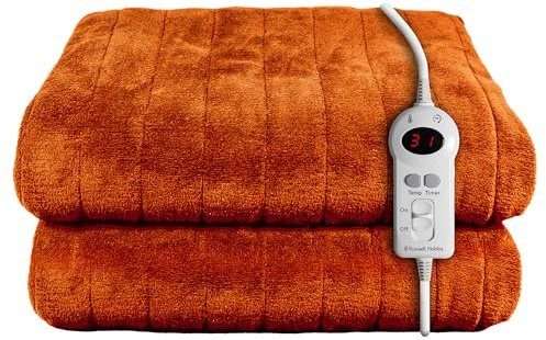 Russell Hobbs Electric Blanket Orange Heated Throw Sherpa & Microfleece 130 x 180 cm with Digital Remote, Auto Shutoff Overheat Protection 12 Hour Timer, 9 Heat Settings 2 Year Guarantee, RHHT1003OR
