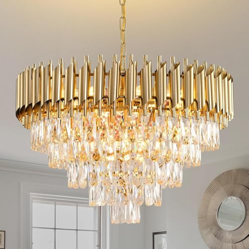 MSSIAN Lustre en cristal doré, 5 niveaux, 12 lampes, Ø 60 cm - Lustre rond moderne pour salle à manger, salon, chambre à coucher, vestibule et entrée