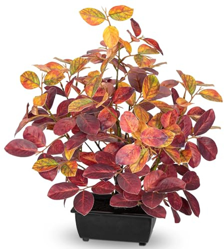 Briful 15.7 Fake Fall Bonsai Plant in Black Pot, Artificial Autumn Eucalyptus Plant with Red Orange Leaves Faux Plant Indoor for Home Office Room Shelf Table Centerpiece Thanksgiving Decor