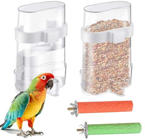 Jortmrd Set di 2 mangiatoie per uccelli, alimentazione automatica per pappagalli, erogatore di acqua e cibo per uccelli con 2 posatoi