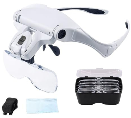 ThreeH Gafas Lupa LED 1.0X-3.5X para Manualidades/Reparaciones con Estuche 5 Lentes, Diadema Ajustable y Luz - Tatuaje, Pestañas, Hobbies
