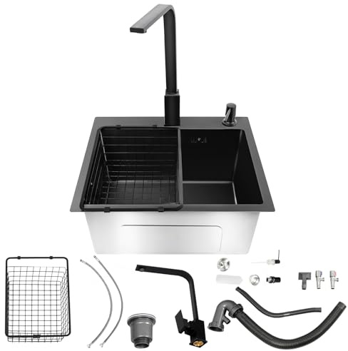 Fregadero de acero inoxidable de 45 x 40 cm, color negro con grifo giratorio 360°, 1 lavabo, incluye tubo de drenaje, dispensador de jabón, cesta colador