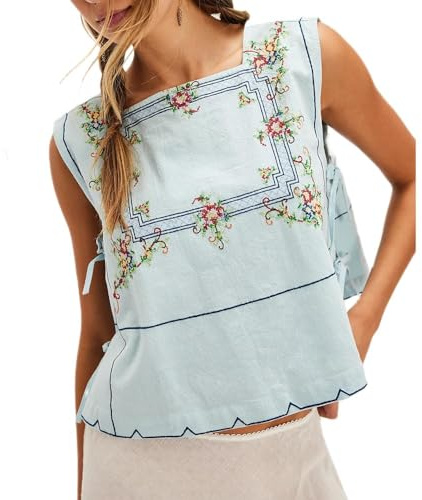Women Floral Embroidery Side Tie Tank Top Crop fp Cute Sleeveless Lace Up Vest Going Out Babydoll Shirt Summer