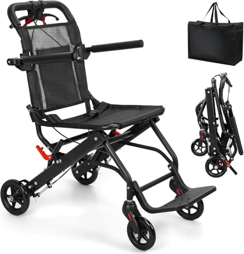 Fauteuil roulant pliable pour adultes, chaise de transport portable avec pompe d'absorption des chocs, freins à main verrouillables, ceinture de sécurité, fauteuil roulant en aluminium de 5,9 kg pour