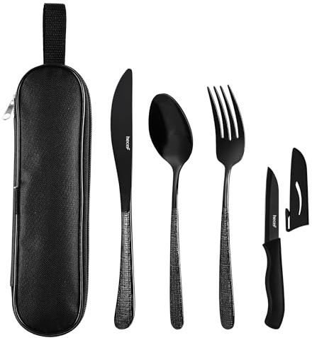 hecef Reusable Camping Cutlery Set with Portable Carry Case, Stainless Steel Travel Flatware for Outdoor Picnic Office School Lunchbox