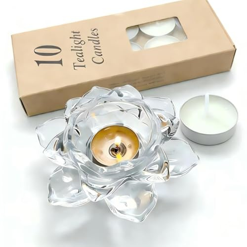 Porta Velas Cristal con 10 Velas Tealight, Flor de Loto de Cristal, Portavelas de Te de Flor de Loto, Candle Holder de Vidrio, para Portavelas, Joyero (Claro (1 Paquete))