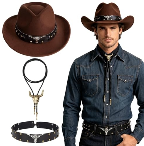 GVMJHYK Set Completo Cappello da Cowboy con Collana e Fascia a Teschio di Toro | Cappello Western Regolabile 56-58 cm per Costumi Adulti, Feste a Tema, Carnevale, Halloween (Testa di toro 4)